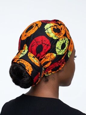 African Print Headwrap: Orange & Red Circles